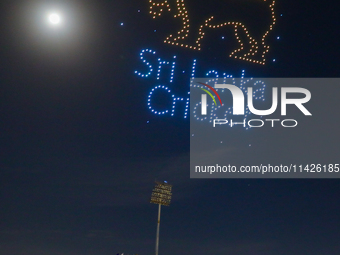 Sri Lanka cricket is displaying a Sri Lanka cricket logo at the drone show during the LPL final match in Colombo, Sri Lanka, on July 21, 202...