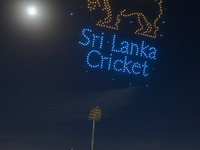 Sri Lanka cricket is displaying a Sri Lanka cricket logo at the drone show during the LPL final match in Colombo, Sri Lanka, on July 21, 202...