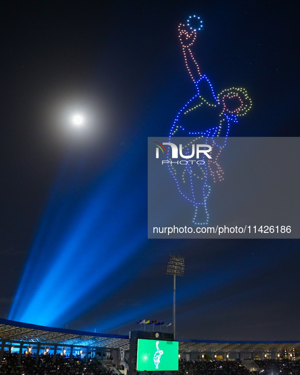 Sri Lanka cricket is displaying a Sri Lanka cricketer's Lasith Malinga bowling style at the drone show during the LPL final match in Colombo...