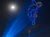 Sri Lanka cricket is displaying a Sri Lanka cricketer's Lasith Malinga bowling style at the drone show during the LPL final match in Colombo...