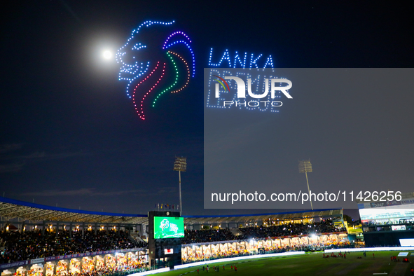 Sri Lanka cricket is displaying a drone show during the LPL final match in Colombo, Sri Lanka, on July 21, 2024. 