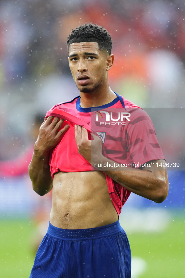 Jude Bellingham attacking midfield of England and Real Madrid during the warm-up before the UEFA EURO 2024 semi-final match between Netherla...