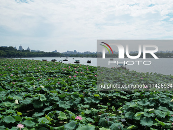 Tourists are taking a boat ride to see lotus flowers blooming on the West Lake in Hangzhou, China, on July 22, 2024. (