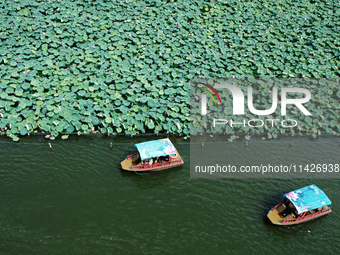 Tourists are taking a boat ride to see lotus flowers blooming on the West Lake in Hangzhou, China, on July 22, 2024. (