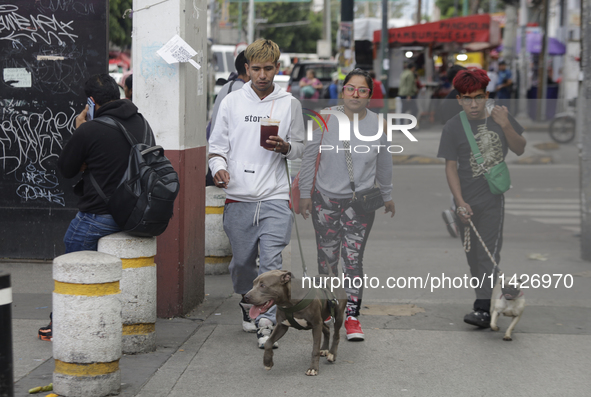 A family is walking their pets in Mexico City, Mexico, on July 21, 2004, which is established internationally as World Dog Day to commemorat...