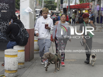 A family is walking their pets in Mexico City, Mexico, on July 21, 2004, which is established internationally as World Dog Day to commemorat...