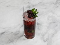 A cocktail ''Blackberry Mojito'' is sitting on a bright background. (