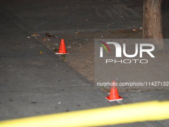 Evidence cones are at the scene. A male is in critical condition after being shot in an apartment building in Bronx, New York, United States...