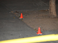 Evidence cones are at the scene. A male is in critical condition after being shot in an apartment building in Bronx, New York, United States...