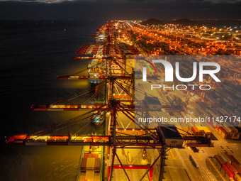 A photo is showing the working scene at the wharf of Shanghai Yangshan Port in Shanghai, China, on July 21, 2024, in the evening. (