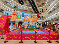 A shopping mall is turning its atrium into a cartoon arena to host a series of events for the upcoming Paris Olympic Games in Shanghai, Chin...