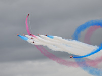 The Royal Air Force Red Arrows are performing during the Royal International Air Tattoo at RAF Fairford in Gloucestershire, England, on July...