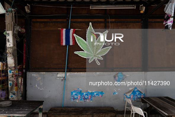 A large marijuana leaf is being displayed on the outside of a neighborhood cannabis dispensary in Bangkok, Thailand, on July 22, 2024 