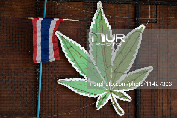 A large marijuana leaf is being displayed on the outside of a neighborhood cannabis dispensary in Bangkok, Thailand, on July 22, 2024 