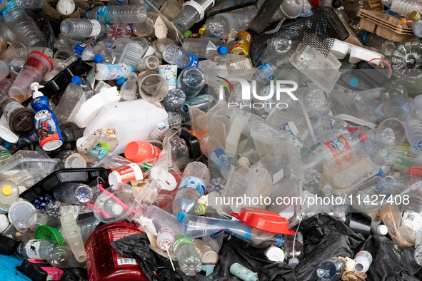 A general view is showing rotting food waste, food packaging, and plastic bottles at a sorting facility in Bangkok, Thailand, on July 22, 20...