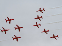 The Royal Air Force Red Arrows are performing during the Royal International Air Tattoo at RAF Fairford in Gloucestershire, England, on July...