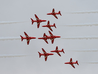 The Royal Air Force Red Arrows are performing during the Royal International Air Tattoo at RAF Fairford in Gloucestershire, England, on July...