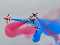 The Royal Air Force Red Arrows are performing during the Royal International Air Tattoo at RAF Fairford in Gloucestershire, England, on July...