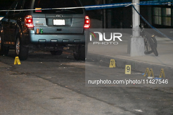 Evidence markers are being placed at the crime scene where shell casings and blood are being discovered. Police are investigating the crime...