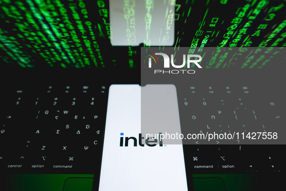 The Intel logo is being displayed on a smartphone screen in Athens, Greece, on July 22, 2024. (Photo Illustration by Nikolas Kokovlis/NurPho...