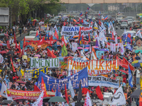 Demonstrators are carrying banners and placards and are gathering in the streets of Quezon City, Philippines, on July 22, 2024. Protestors a...