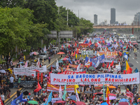 Demonstrators are carrying banners and placards and are gathering in the streets of Quezon City, Philippines, on July 22, 2024. Protestors a...