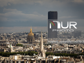 View of the Hotel des Invalides and the Montparnasse tower from the Arc de Triomphe terrace in Paris, France, on July 12, 2024. (