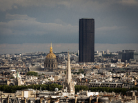 View of the Hotel des Invalides and the Montparnasse tower from the Arc de Triomphe terrace in Paris, France, on July 12, 2024. (