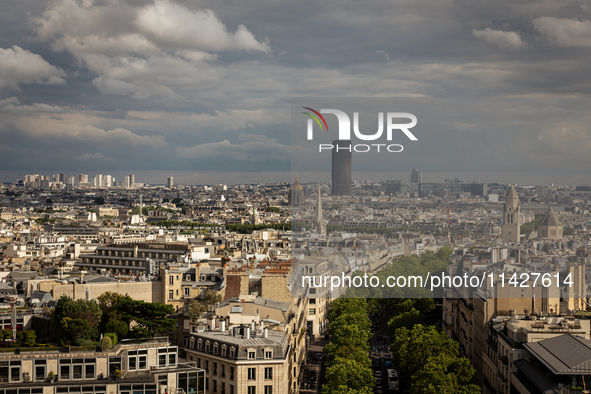 View of the Hotel des Invalides and the Montparnasse tower from the Arc de Triomphe terrace in Paris, France, on July 12, 2024. 