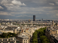 View of the Hotel des Invalides and the Montparnasse tower from the Arc de Triomphe terrace in Paris, France, on July 12, 2024. (