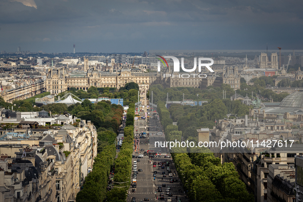 View of the Louvre Museum from the Arc de Triomph terrace in Paris, France, on July 12, 2024. 