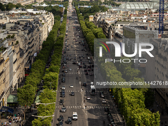 View of Champs-Elysees Avenue from the Arc de Triomphe terrace in Paris, France, on July 12, 2024. (