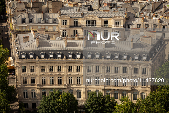 View of a Haussmann building from the Arc de Triomph terrace in Paris, France, on July 12, 2024. 