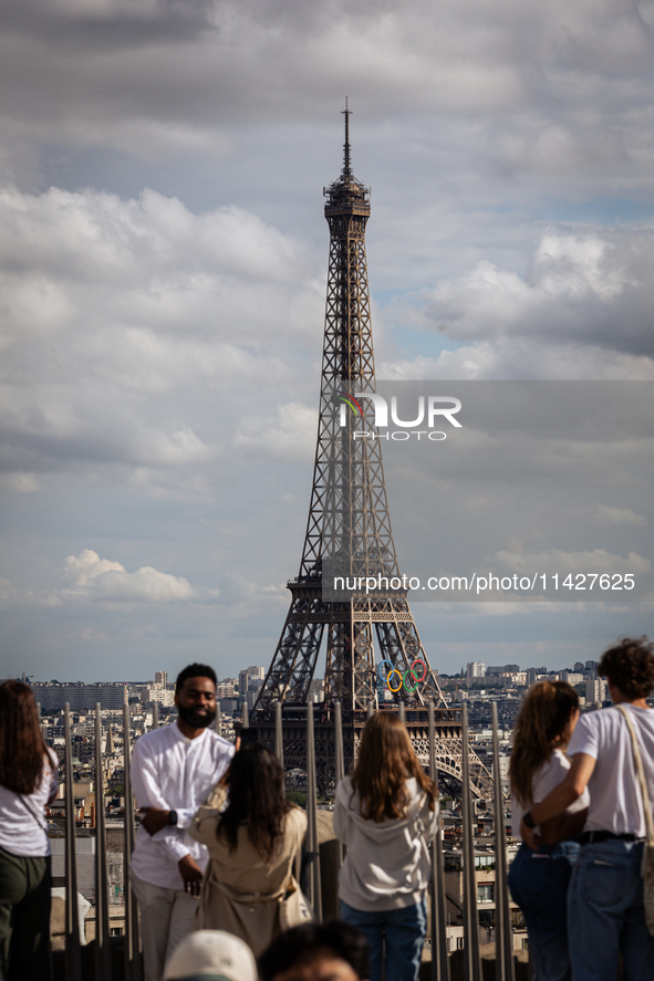 View of the Eiffel Tower from the Arc de Triomph terrace in Paris, France, on July 12, 2024. 