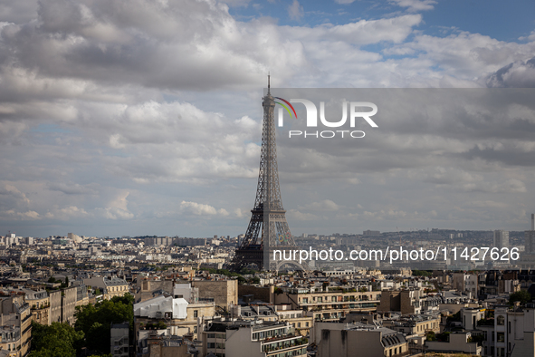 View of the Eiffel Tower from the Arc de Triomph terrace in Paris, France, on July 12, 2024. 