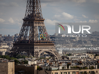 View of the Eiffel Tower from the Arc de Triomph terrace in Paris, France, on July 12, 2024. (