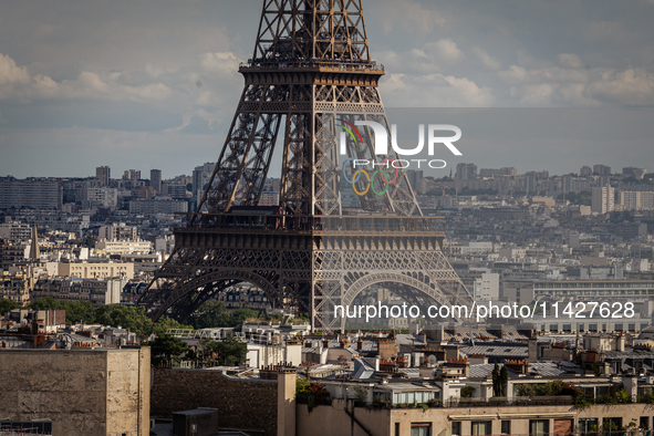 View of the Eiffel Tower from the Arc de Triomph terrace in Paris, France, on July 12, 2024. 