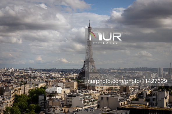 View of the Eiffel Tower from the Arc de Triomph terrace in Paris, France, on July 12, 2024. 