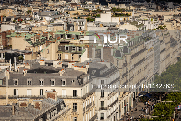 View of Haussmann buildings from the Arc de Triomph terrace in Paris, France, on July 12, 2024. 