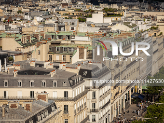 View of Haussmann buildings from the Arc de Triomph terrace in Paris, France, on July 12, 2024. (