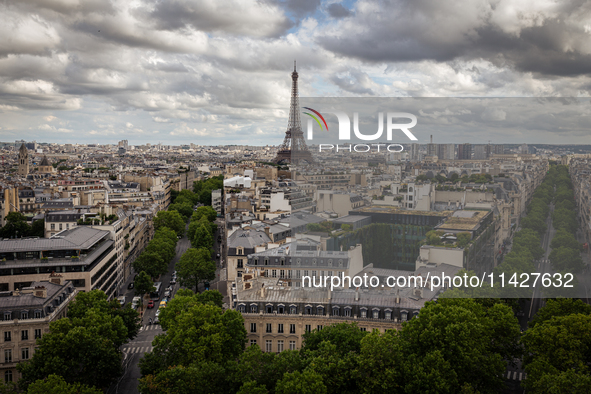 View of the Eiffel Tower from the Arc de Triomph terrace in Paris, France, on July 12, 2024. 