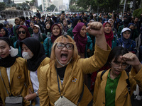 Hundreds of students from various universities are staging a demonstration to commemorate 10 years of Jokowi's government near the President...