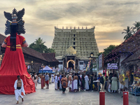 Giant idols of the Pandavas are being erected along the eastern entrance of the historic Sree Padmanabhaswamy Temple during the Panguni Utsa...