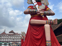 Giant idols of the Pandavas are being erected along the eastern entrance of the historic Sree Padmanabhaswamy Temple during the Panguni Utsa...