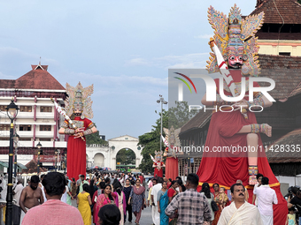 Giant idols of the Pandavas are being erected along the eastern entrance of the historic Sree Padmanabhaswamy Temple during the Panguni Utsa...