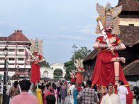 Giant idols of the Pandavas are being erected along the eastern entrance of the historic Sree Padmanabhaswamy Temple during the Panguni Utsa...