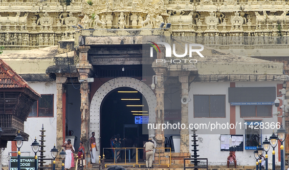 The entrance to the historic Sree Padmanabhaswamy Temple in Thiruvananthapuram (Trivandrum), Kerala, India, on April 09, 2024, is coming int...