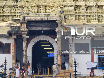 The entrance to the historic Sree Padmanabhaswamy Temple in Thiruvananthapuram (Trivandrum), Kerala, India, on April 09, 2024, is coming int...