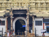 The entrance to the historic Sree Padmanabhaswamy Temple in Thiruvananthapuram (Trivandrum), Kerala, India, on April 09, 2024, is coming int...