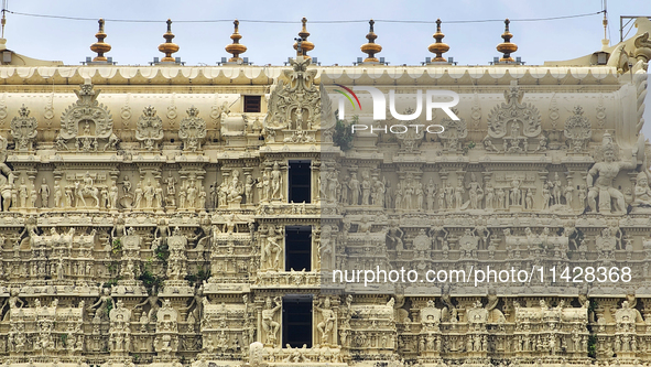 Detail of the carvings adorning the historic Sree Padmanabhaswamy Temple in Thiruvananthapuram (Trivandrum), Kerala, India, on April 09, 202...